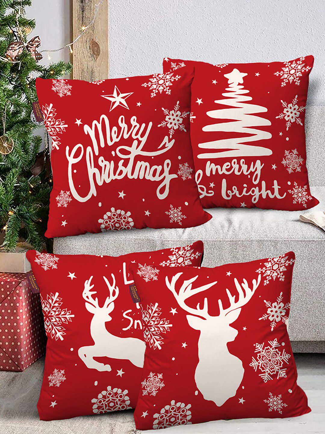 AEROHAVEN Pack of 4 Red & White Christmas Printed Square Cushion Covers Price in India