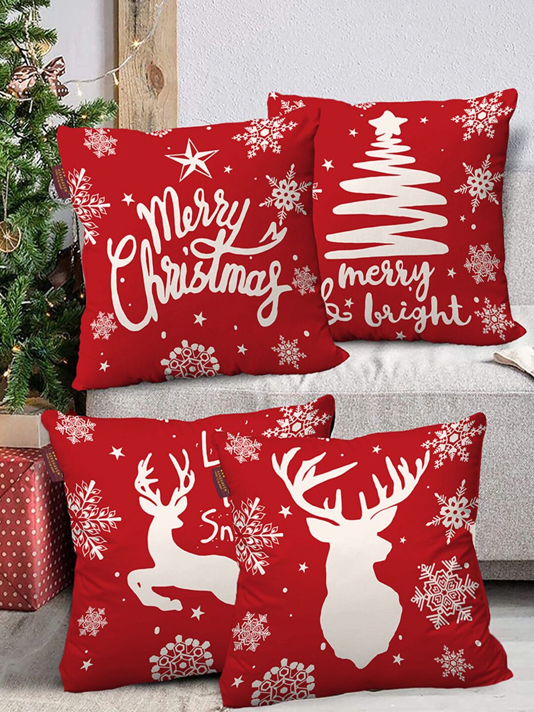 AEROHAVEN Red & White Set of 4 Abstract Square Cushion Covers Price in India