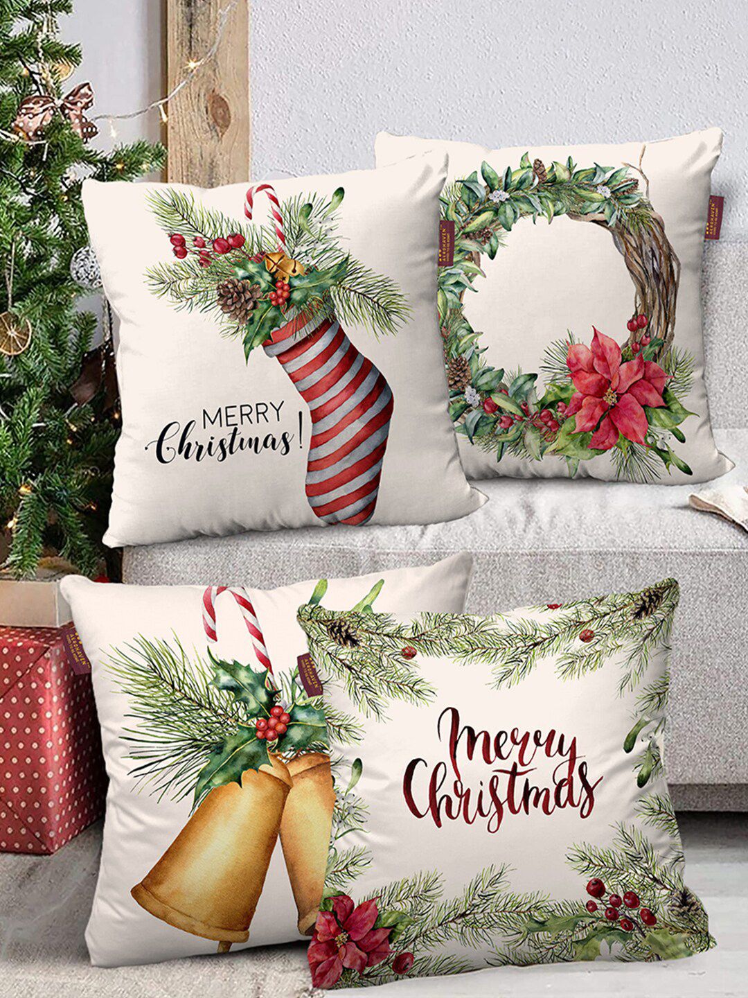 AEROHAVEN Set of 4 Beige & Green Christmas Printed Cotton Canvas Square Cushion Covers Price in India