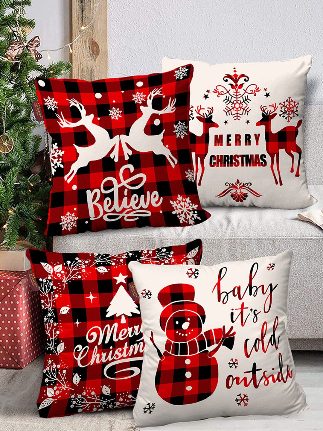 AEROHAVEN Pack of 4 Red & Cream-Coloured Christmas Printed Square Cushion Covers Price in India