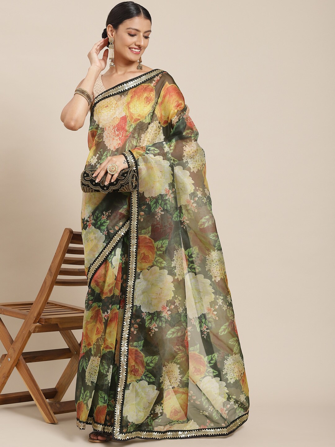 Tikhi Imli Women Green & Beige Floral Organza Saree Price in India