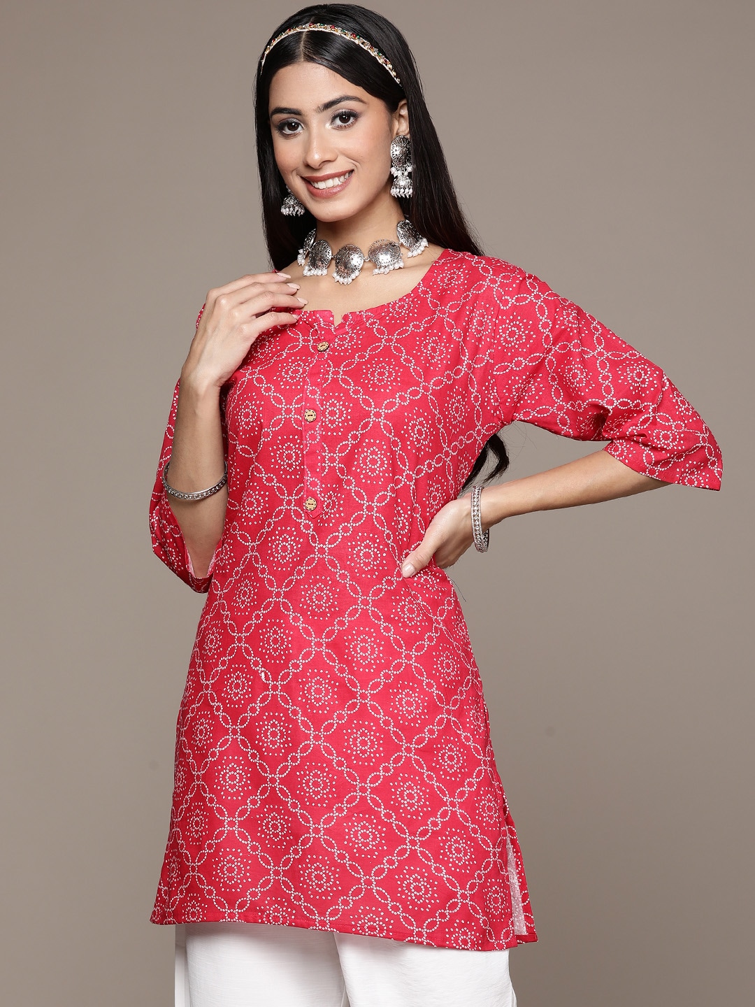 ZIYAA Women Red & White Bandhani Printed Pure Cotton Kurti Price in India