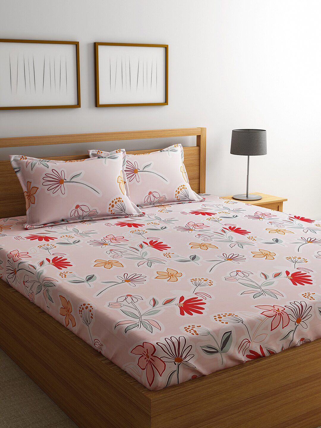 URBAN DREAM Pink & Red Floral 210 TC Cotton King Bedsheet with 2 Pillow Covers Price in India