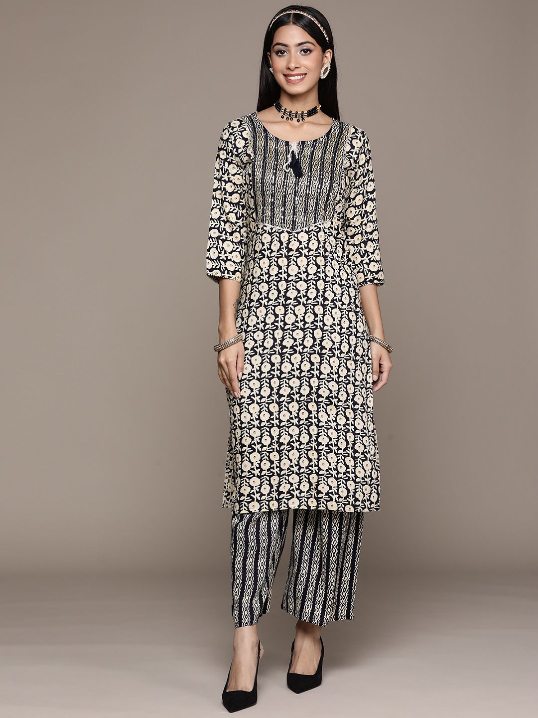 ZIYAA Women Navy Blue & Cream-Coloured Ethnic Motifs Printed Kurta with Palazzos Price in India