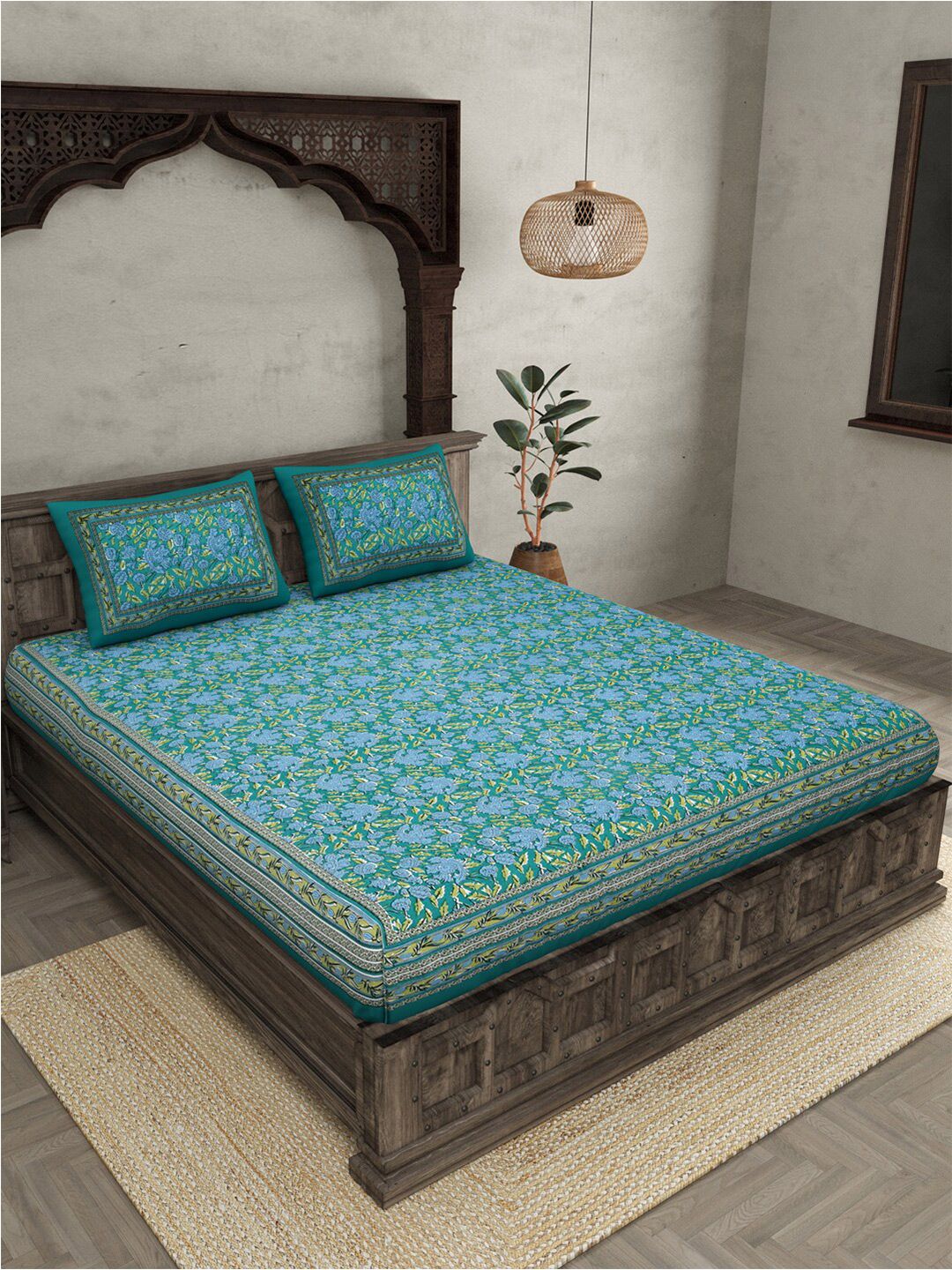 JAIPUR FABRIC Teal & Blue Printed 240 TC Cotton Queen Bedsheet with 2 Pillow Covers Price in India