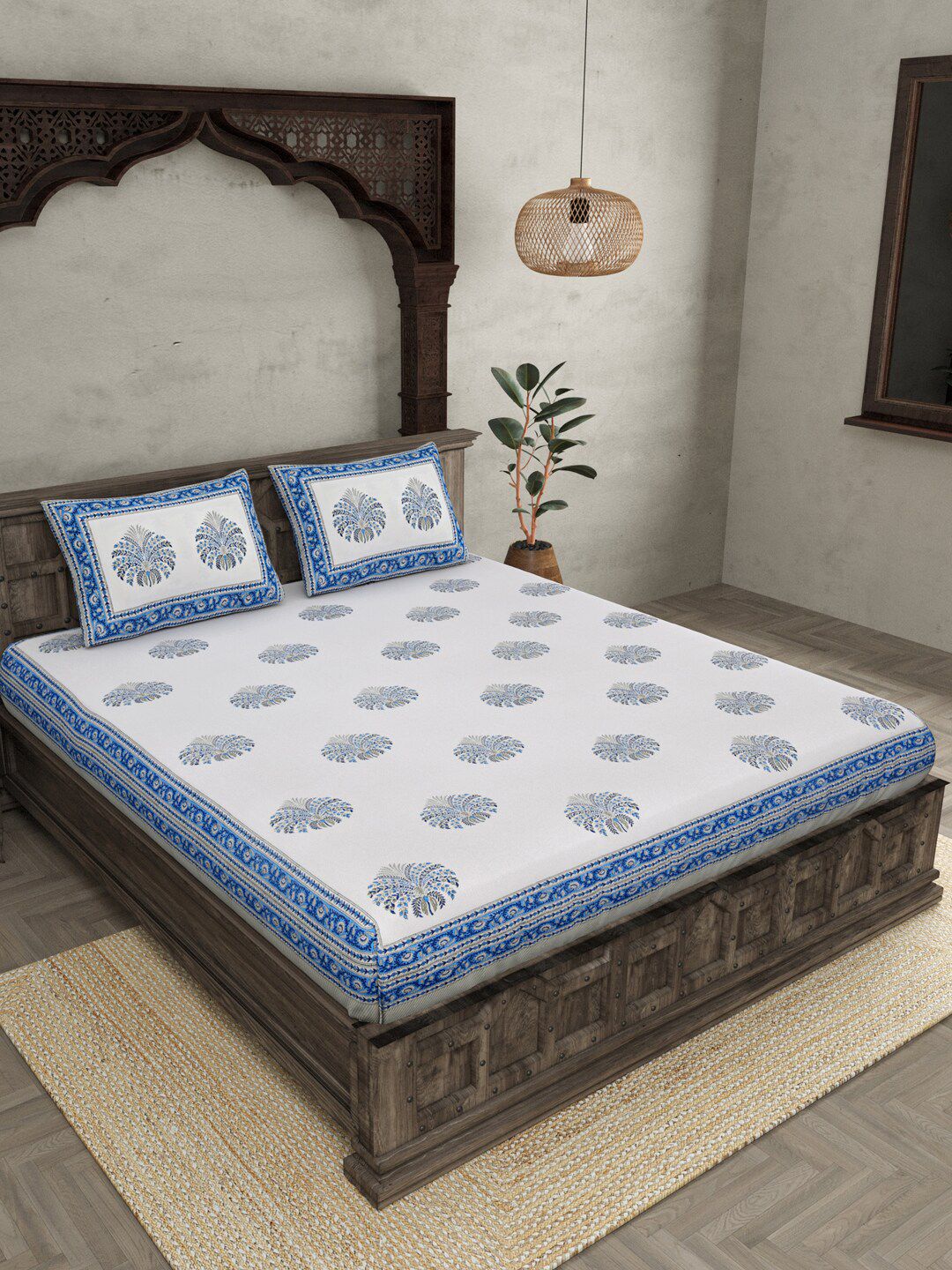 JAIPUR FABRIC Blue & White Floral Queen Bedsheet with 2 Pillow Covers Price in India