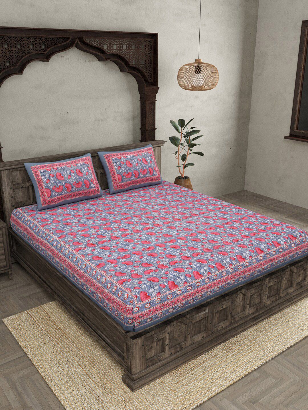 JAIPUR FABRIC Grey And Pink 240 TC Floral Print Cotton Queen Bedsheet With 2 Pillow Covers Price in India