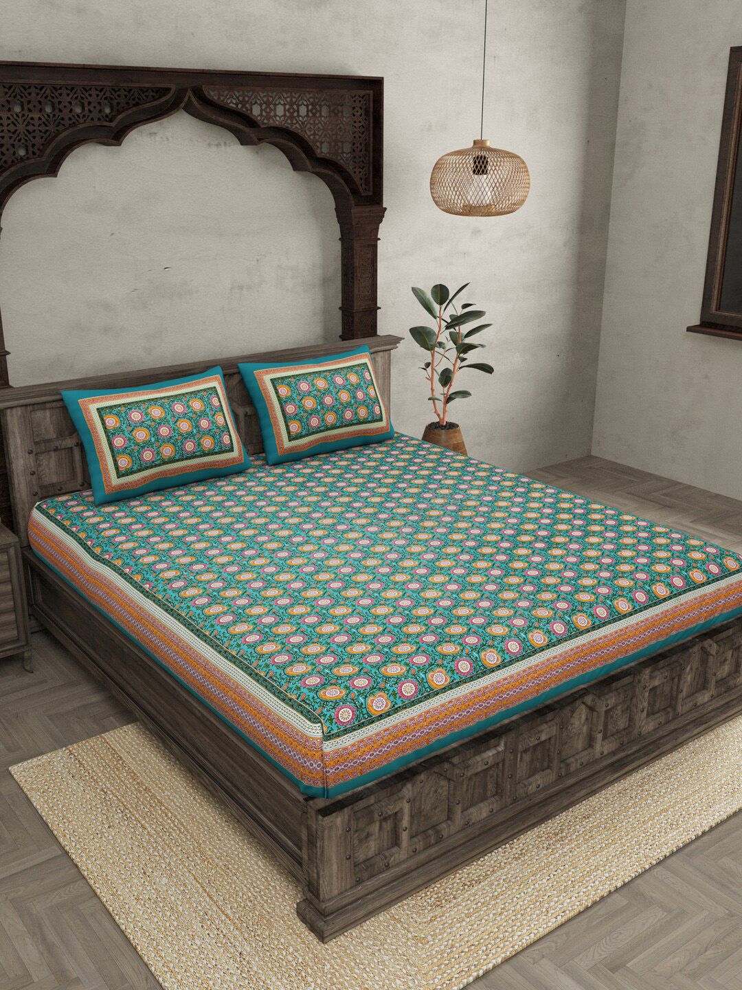 JAIPUR FABRIC Green & Orange Ethnic Motifs Queen Cotton Bedsheet with 2 Pillow Covers Price in India