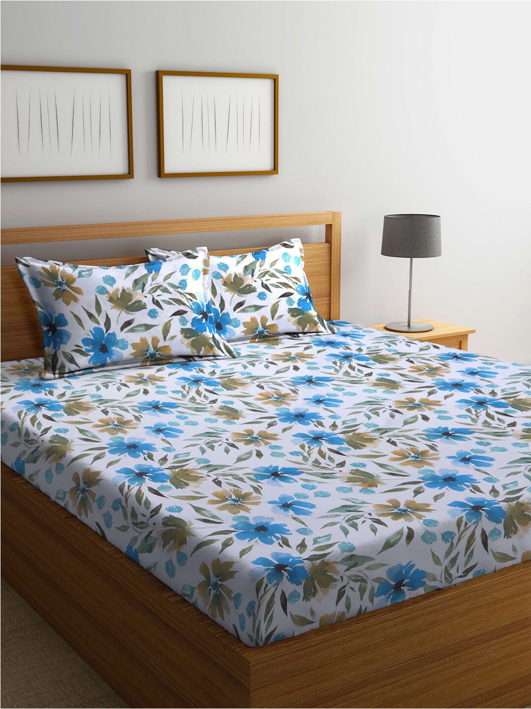 BOMBAY DYEING White & Green Floral Printed 120 TC King Bedsheet with 2 Pillow Covers Price in India