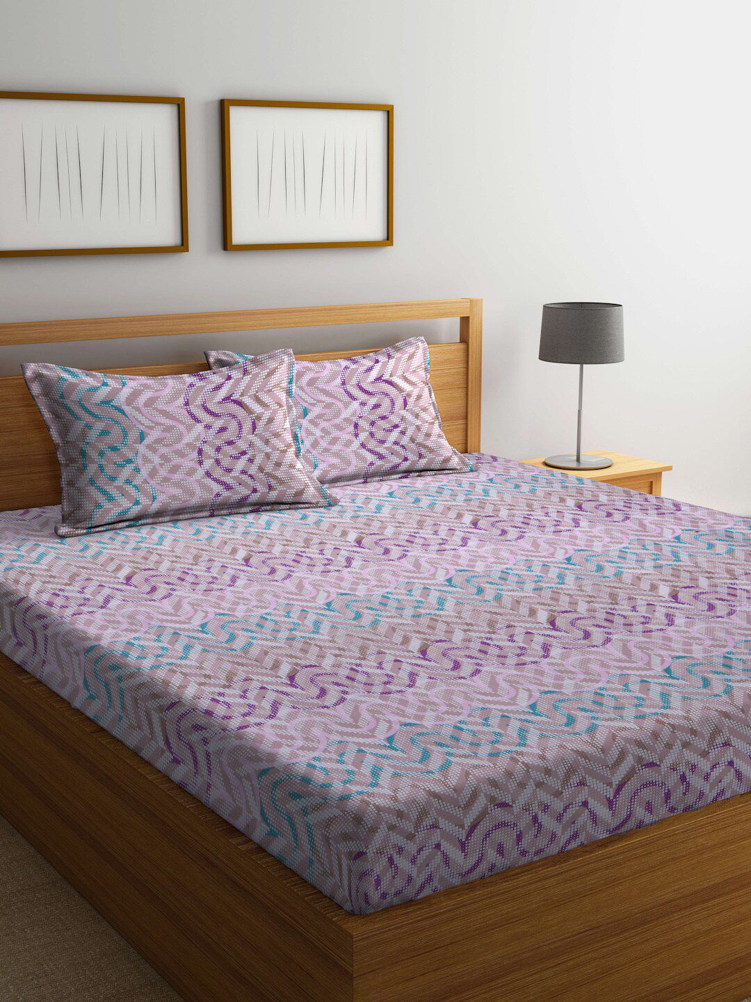 BOMBAY DYEING Purple & Blue Geometric 120 TC King Bedsheet with 2 Pillow Covers Price in India