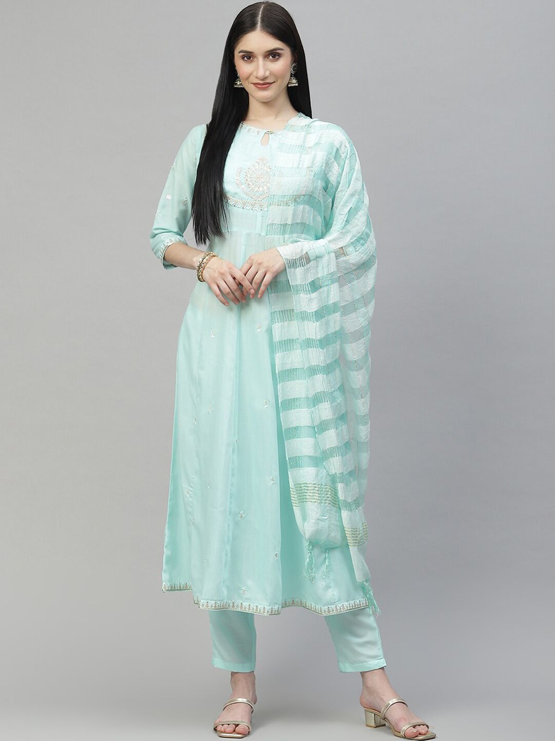 HERE&NOW Women Blue Ethnic Motifs Embroidered Kurta with Trousers & With Dupatta Price in India