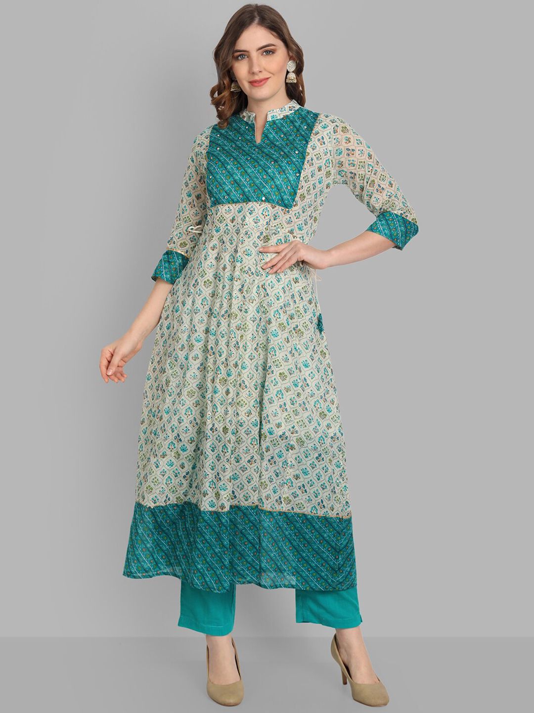 SINGNI Women Turquoise Blue Printed Mirror Work Pure Cotton Kurta &Trousers & With Dupatta Price in India