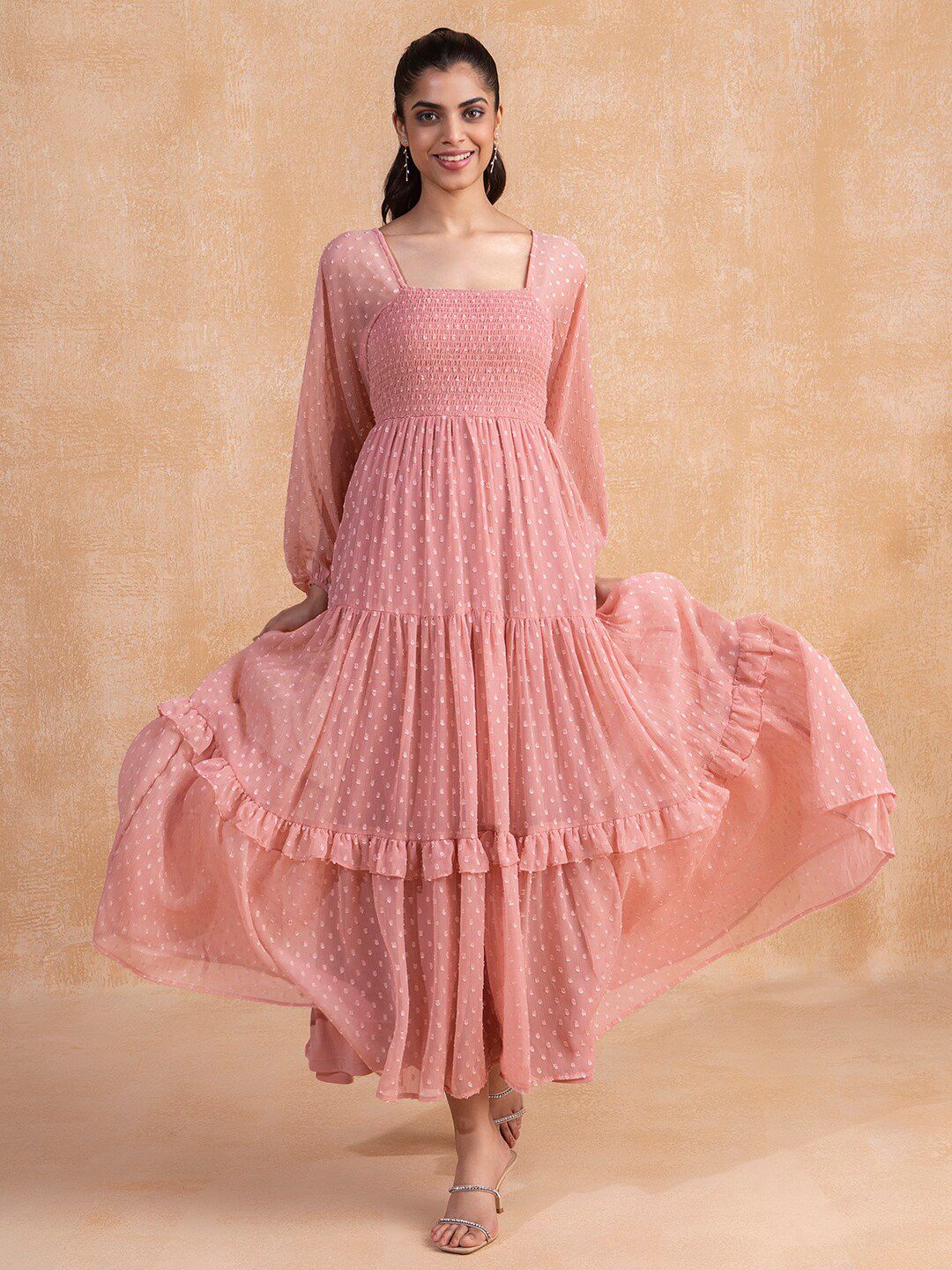 Femella Pink Chiffon Smocked Tiered Maxi Dress Price in India