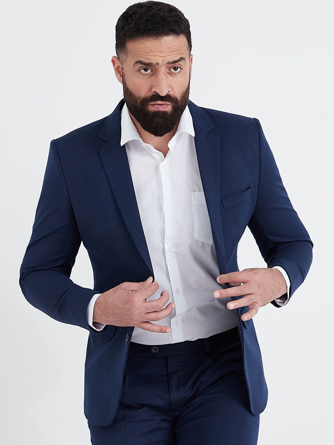 MR BUTTON Men Navy-Blue Solid Slim-Fit Single-Breasted Blazer