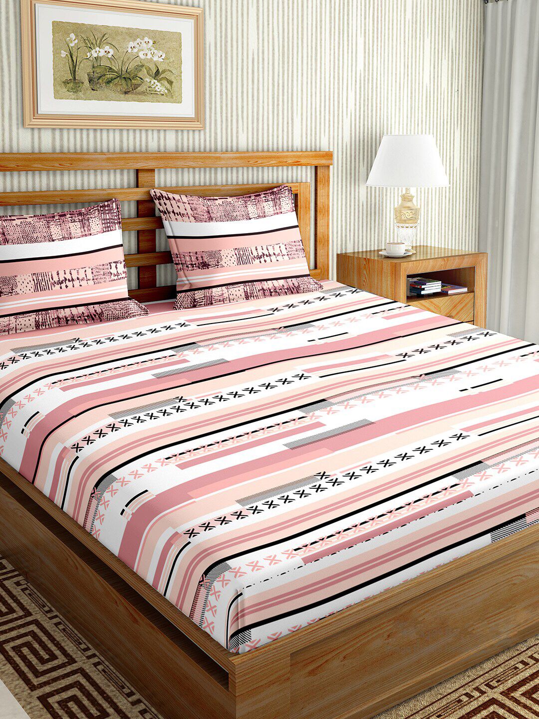 BELLA CASA Pink & White Geometric Printed 150 TC King Bedsheet with 2 Pillow Covers Price in India