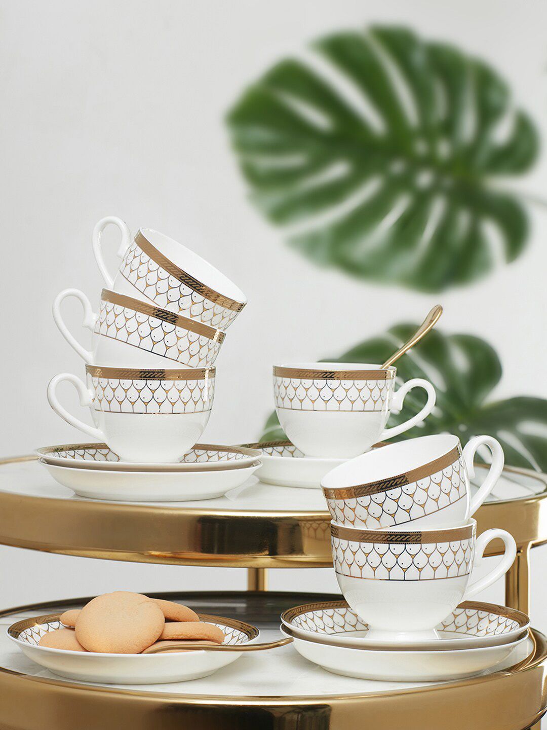 HomeTown Set of 12 Real Gold Plating & White Printed Amour Bone China Cup & Saucer Price in India