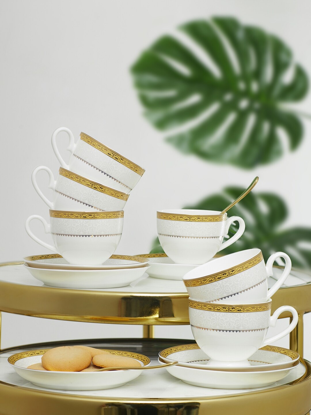 HomeTown Set of 12 White & Gold Printed Bone China Glossy Cups and Saucers Price in India