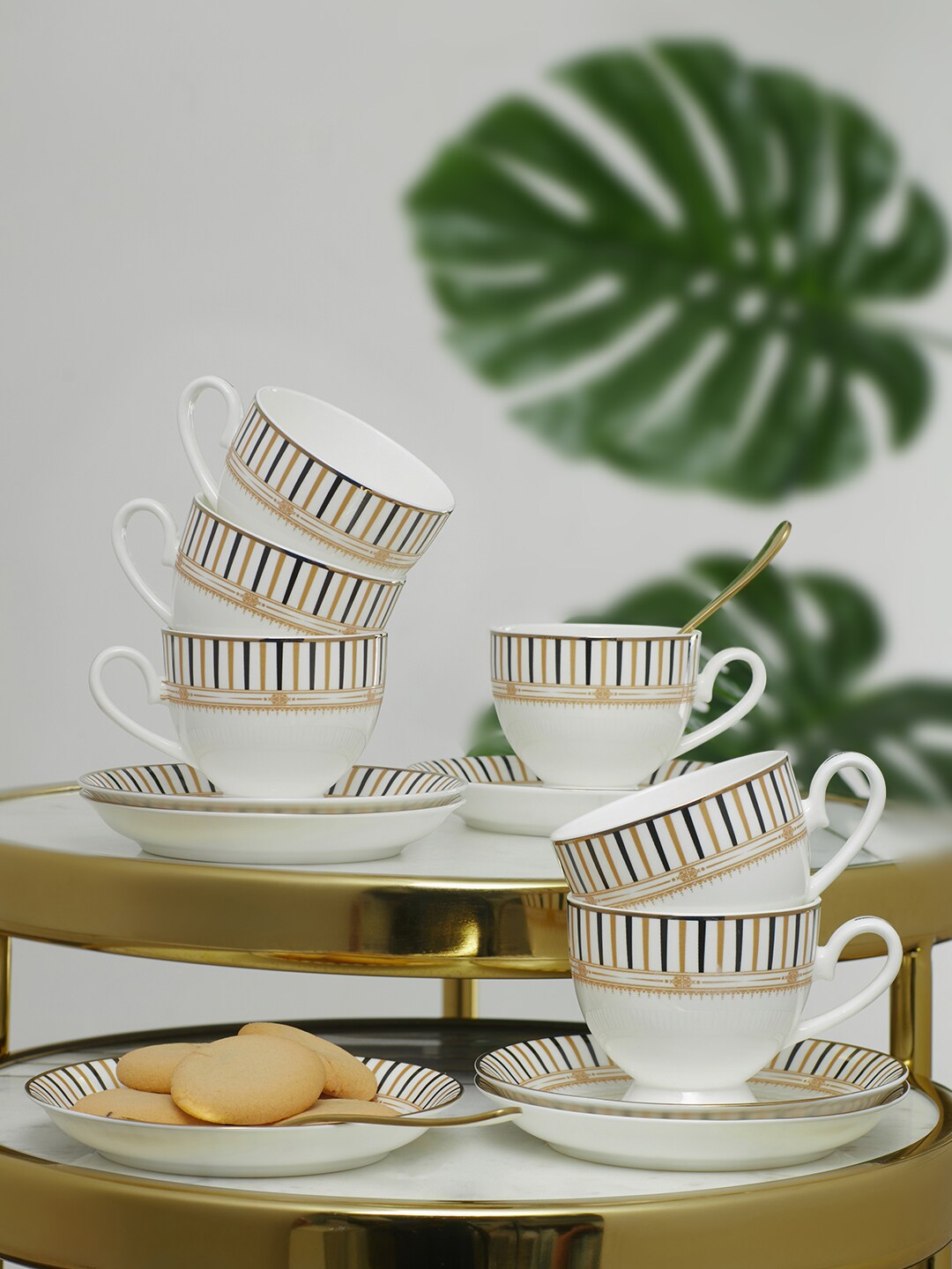 HomeTown Set of 12 White & Gold-Toned Printed Amour Bone China Cups and Saucers Price in India