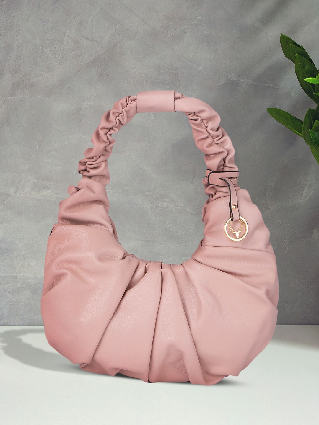 Pink Solid Leather Hobo Bag Half Moon Over The Shoulder Bags