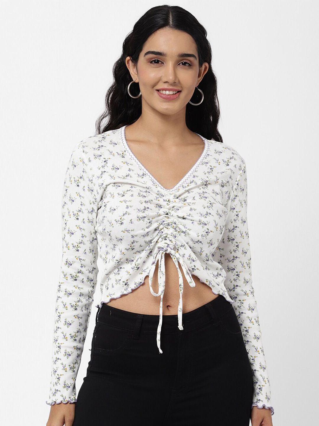 R&B Women White & Purple Floral Printed Pure Cotton Ruffles Crop Top Price in India