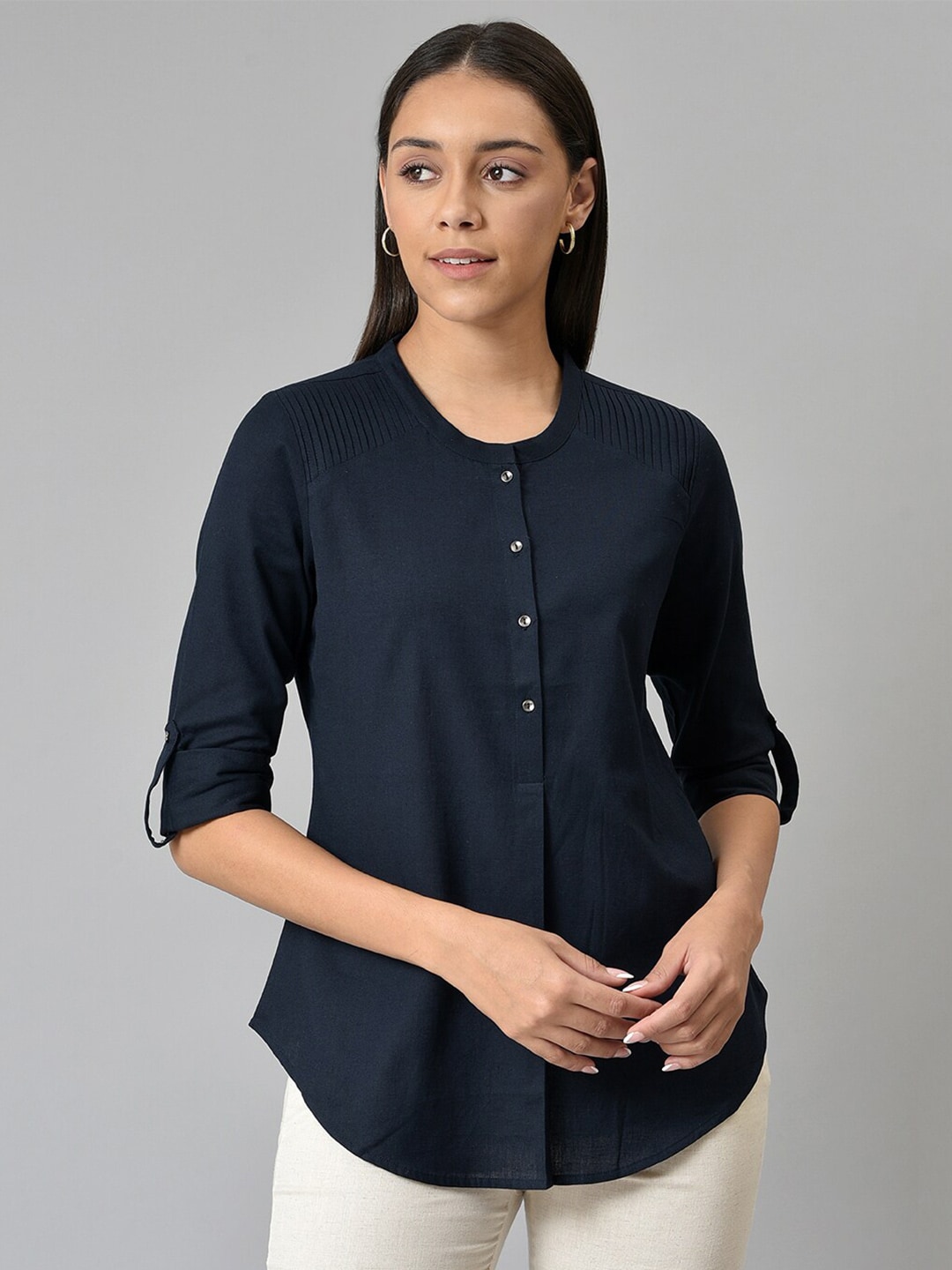 W Women Blue Solid Roll-Up Sleeves Shirt Style Top Price in India