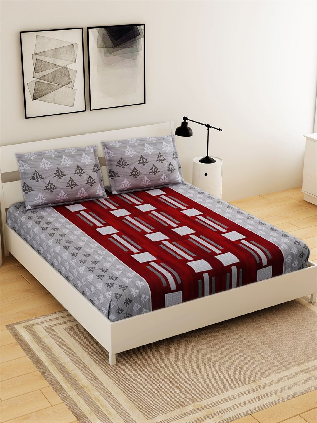 Salona Bichona Maroon & Grey 120 TC Pure Cotton King Bedsheet with 2 Pillow Covers Price in India