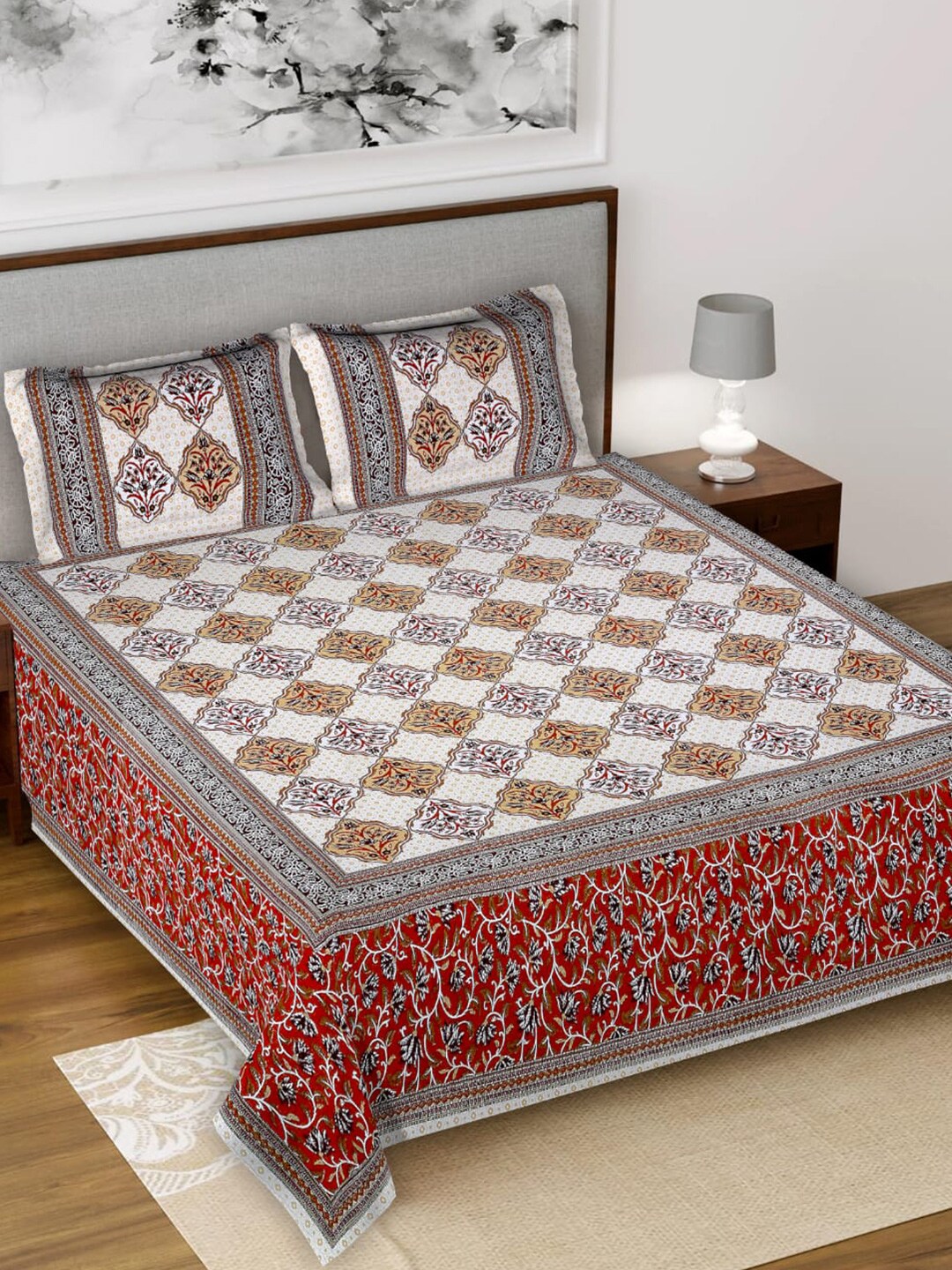 Salona Bichona Grey & Brown Ethnic Motifs 120 TC King Bedsheet with 2 Pillow Covers Price in India