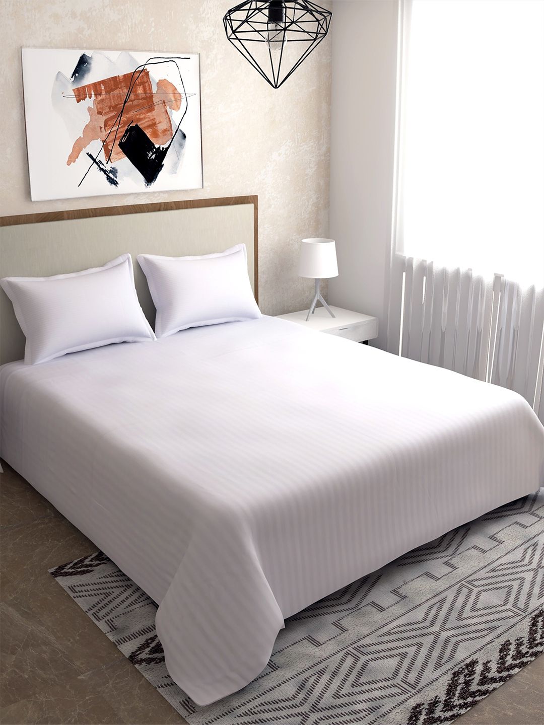 Salona Bichona White & Grey Striped 180 TC King Bedsheet with 2 Pillow Covers Price in India