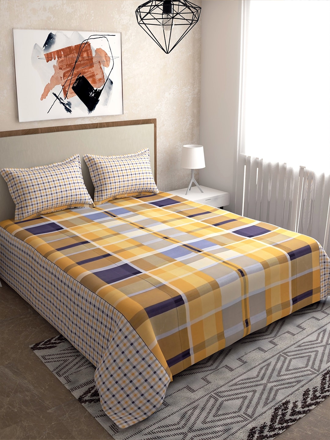 Salona Bichona Yellow & Blue 104 TC Cotton Queen Bedsheet with 2 Pillow Covers Price in India