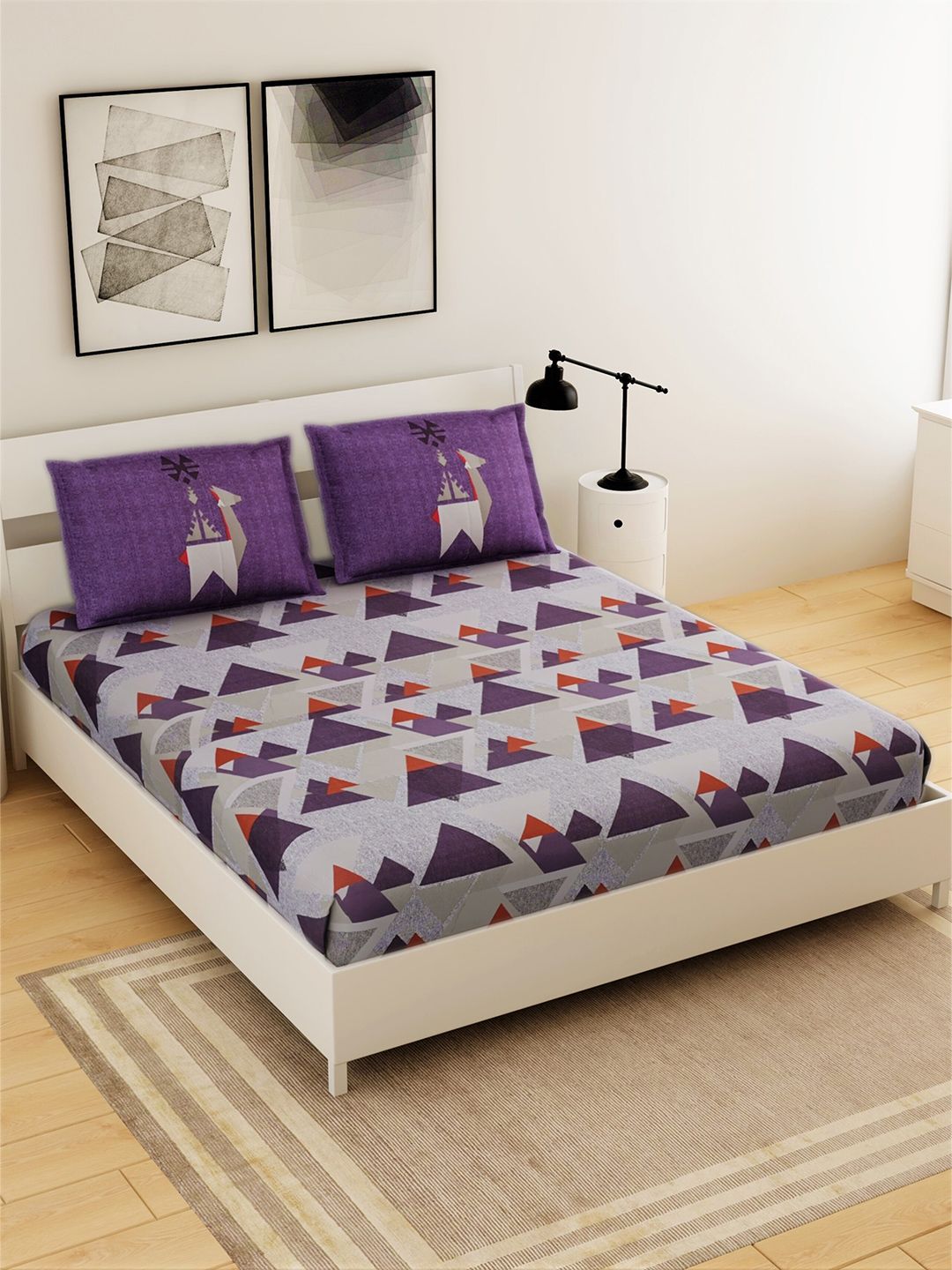 Salona Bichona Purple & Red Geometric Cotton 180 TC King Bedsheet with 2 Pillow Covers Price in India