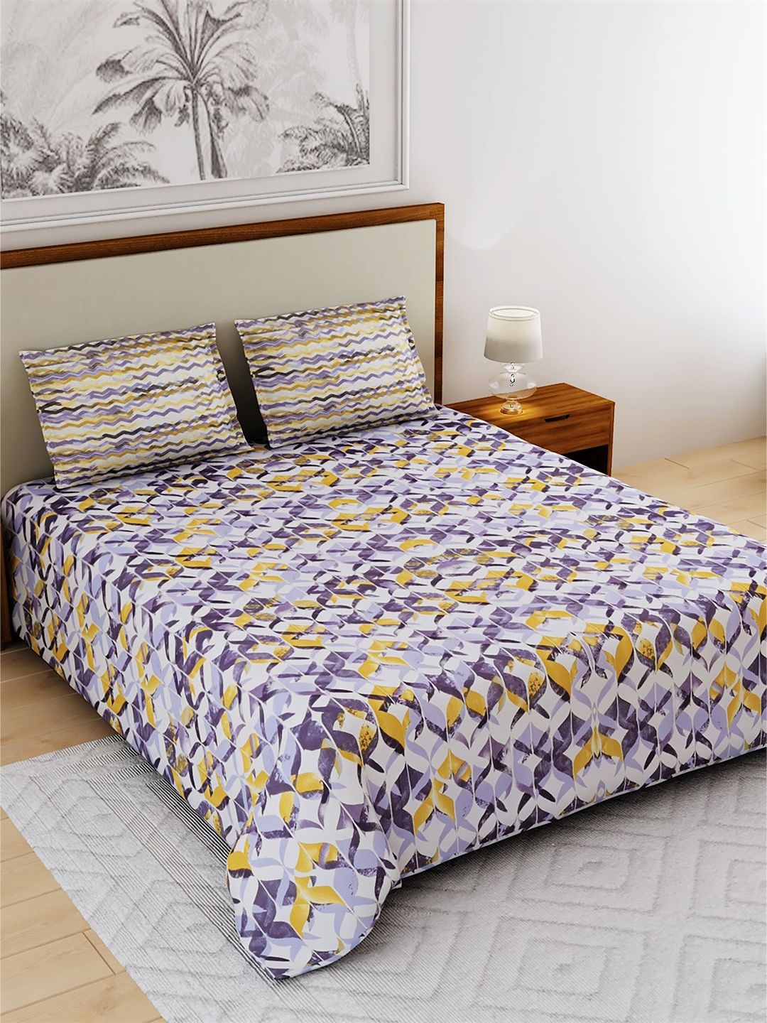 Salona Bichona Purple & Mustard Printed 104 TC Cotton Queen Bedsheet with 2 Pillow Covers Price in India