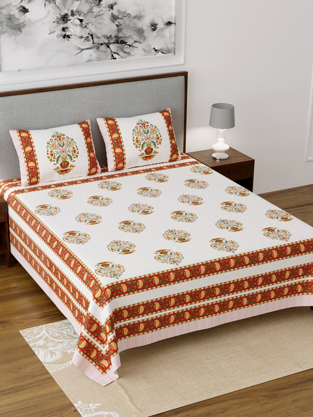 Salona Bichona White & Red Floral 120 TC King Cotton Bedsheet with 2 Pillow Covers Price in India
