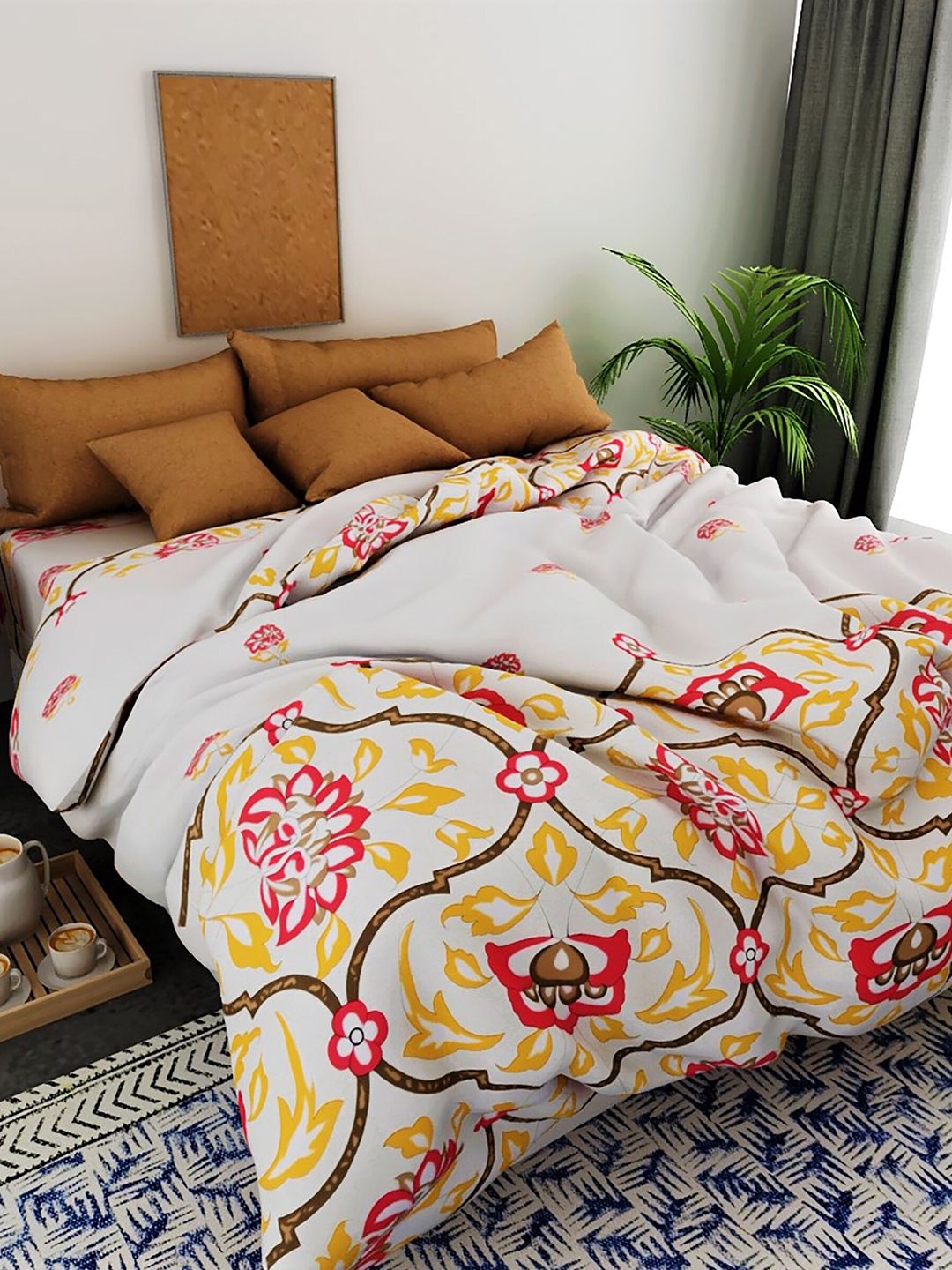 Salona Bichona Pink & Yellow Floral 180 TC Pure Cotton Queen Bedsheet with 2 Pillow Covers Price in India
