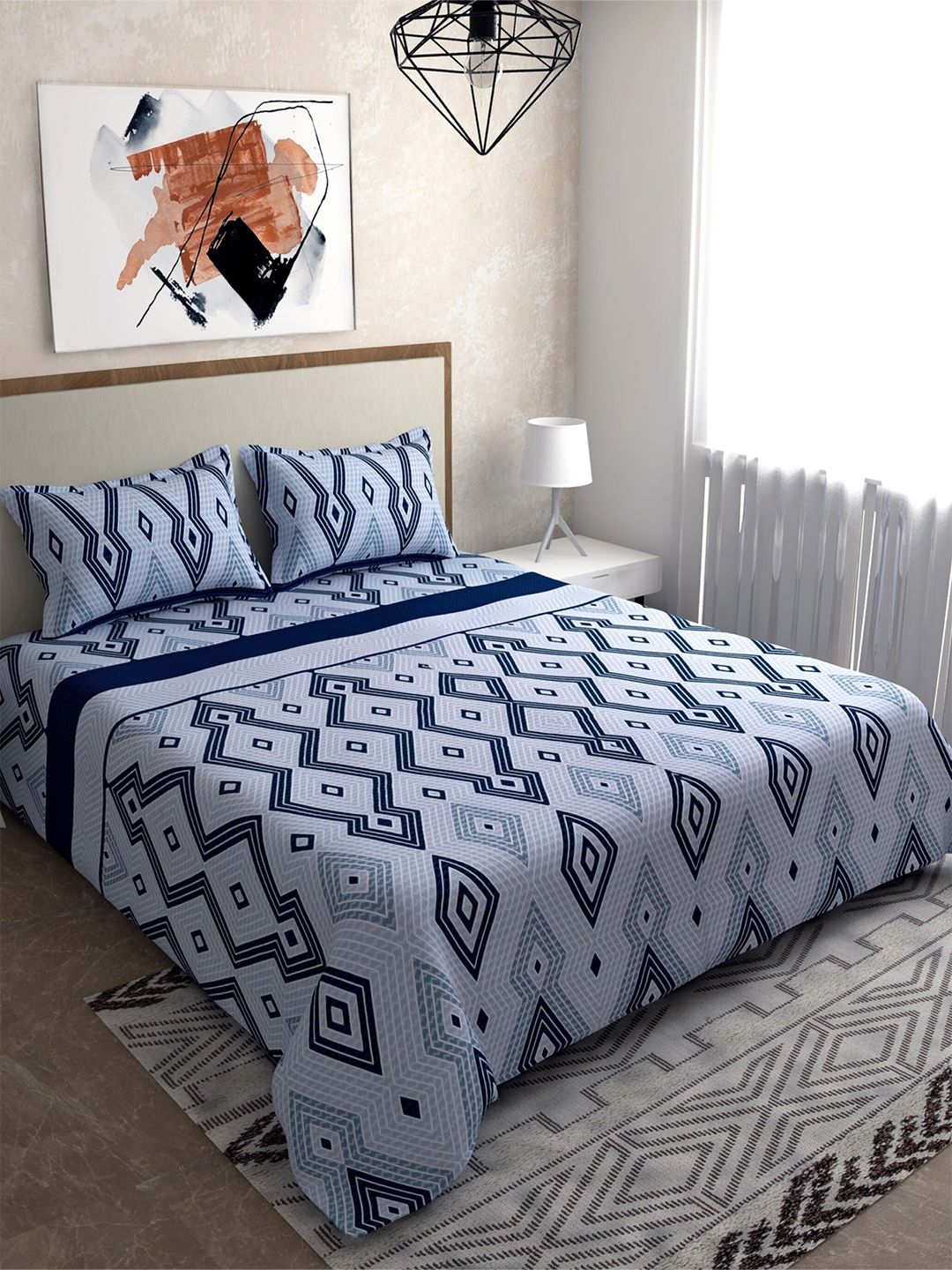 Salona Bichona Blue & Grey Geometric 120 TC King Bedsheet with 2 Pillow Covers Price in India