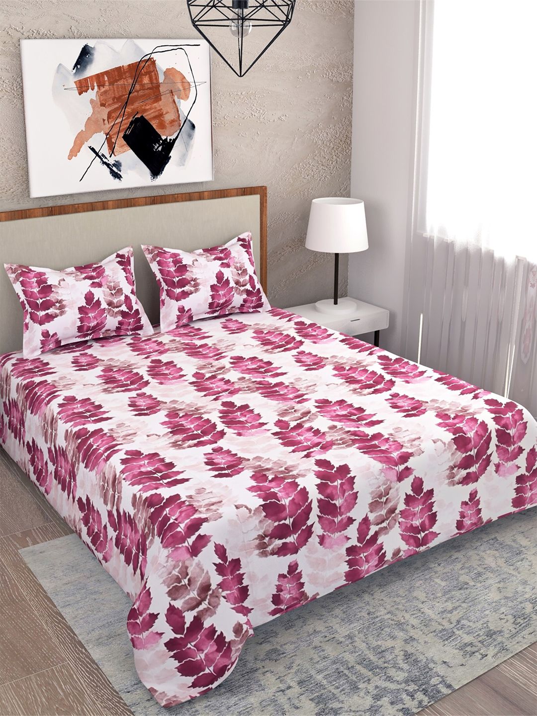 Salona Bichona White & Pink Floral 180 TC Cotton King Bedsheet with 2 Pillow Covers Price in India