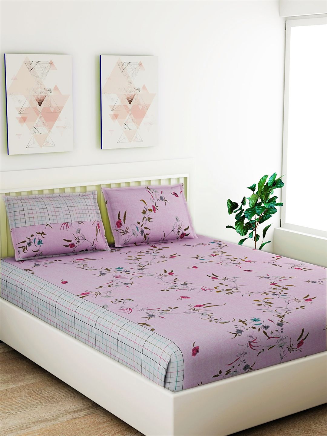 Salona Bichona Peach & Blue Floral Cotton 104 TC Queen Bedsheet with 2 Pillow Covers Price in India