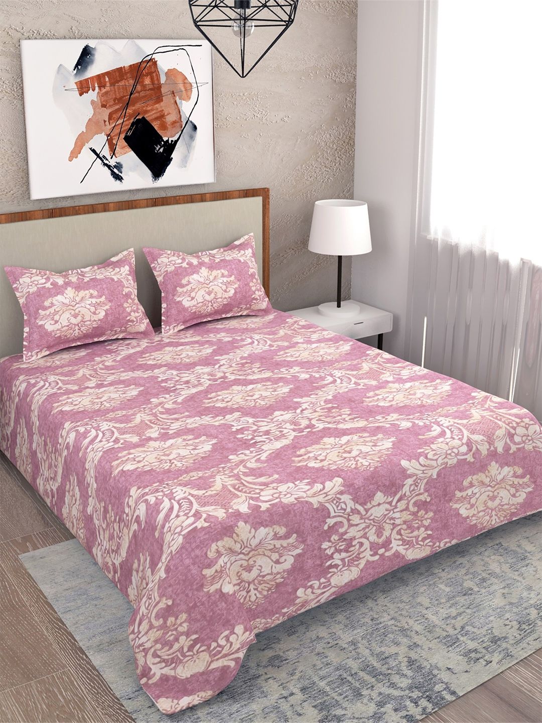 Salona Bichona Pink & White Ethnic Motifs 180 TC Queen Bedsheet with 2 Pillow Covers Price in India