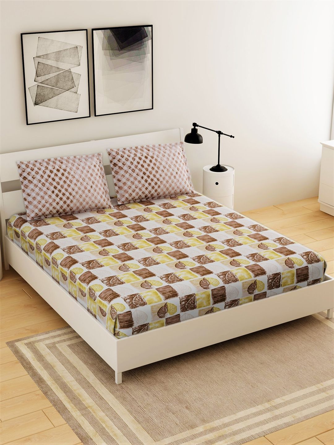 Salona Bichona Yellow & Brown Geometric 104 TC Queen Bedsheet with 2 Pillow Covers Price in India