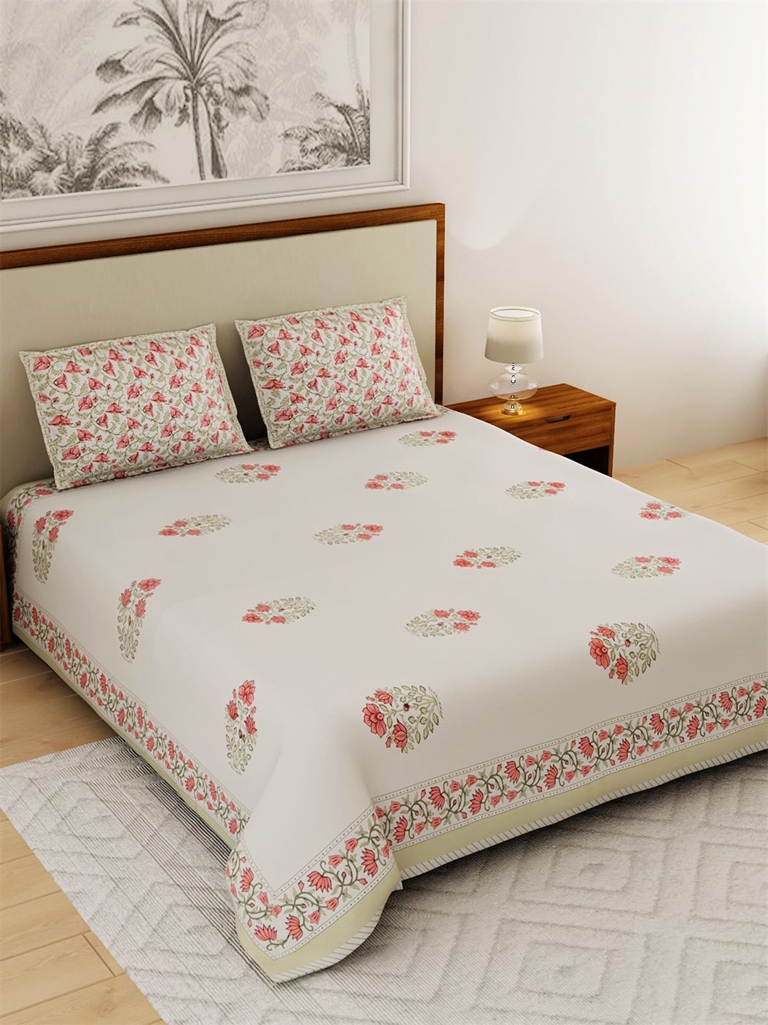 Salona Bichona Beige & Red Floral Printed 144 TC Queen Bedsheet with 2 Pillow Covers Price in India