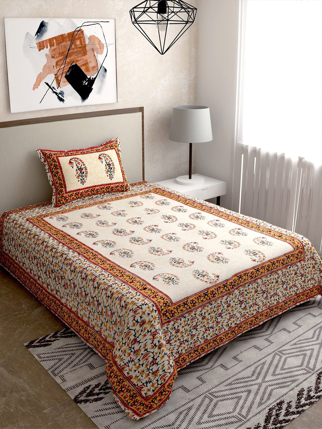 Salona Bichona Beige & Coffee Brown Floral 120 TC Single Bedsheet with 1 Pillow Cover Price in India