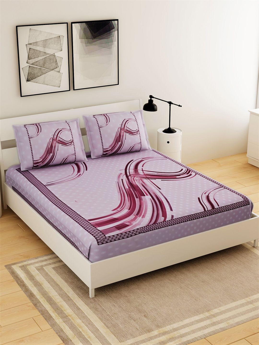 Salona Bichona Purple & Red Graphic 210 TC King Bedsheet with 2 Pillow Covers Price in India