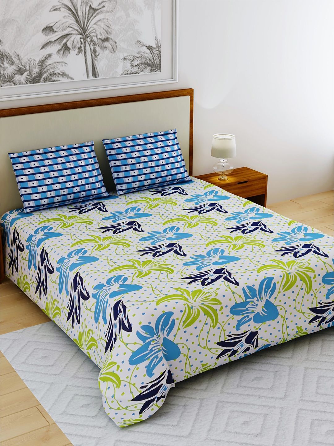 Salona Bichona White & Green Cotton Floral 104 TC Queen Bedsheet with 2 Pillow Covers Price in India