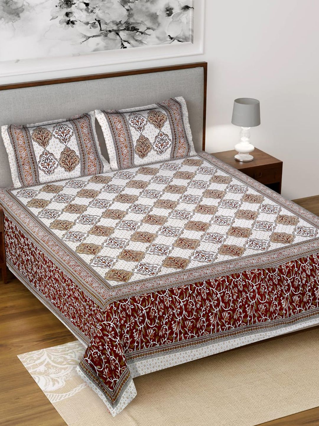 Salona Bichona White & Maroon Ethnic Motifs 120 TC King Bedsheet with 2 Pillow Covers Price in India