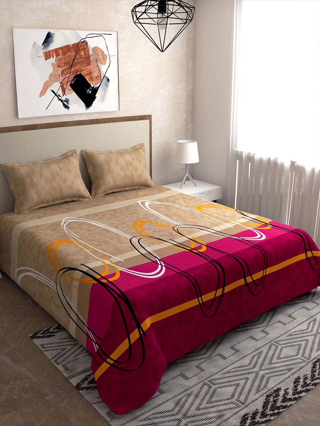 Salona Bichona Beige & White Geometric Printed 120 TC Queen Bedsheet with 2 Pillow Covers Price in India