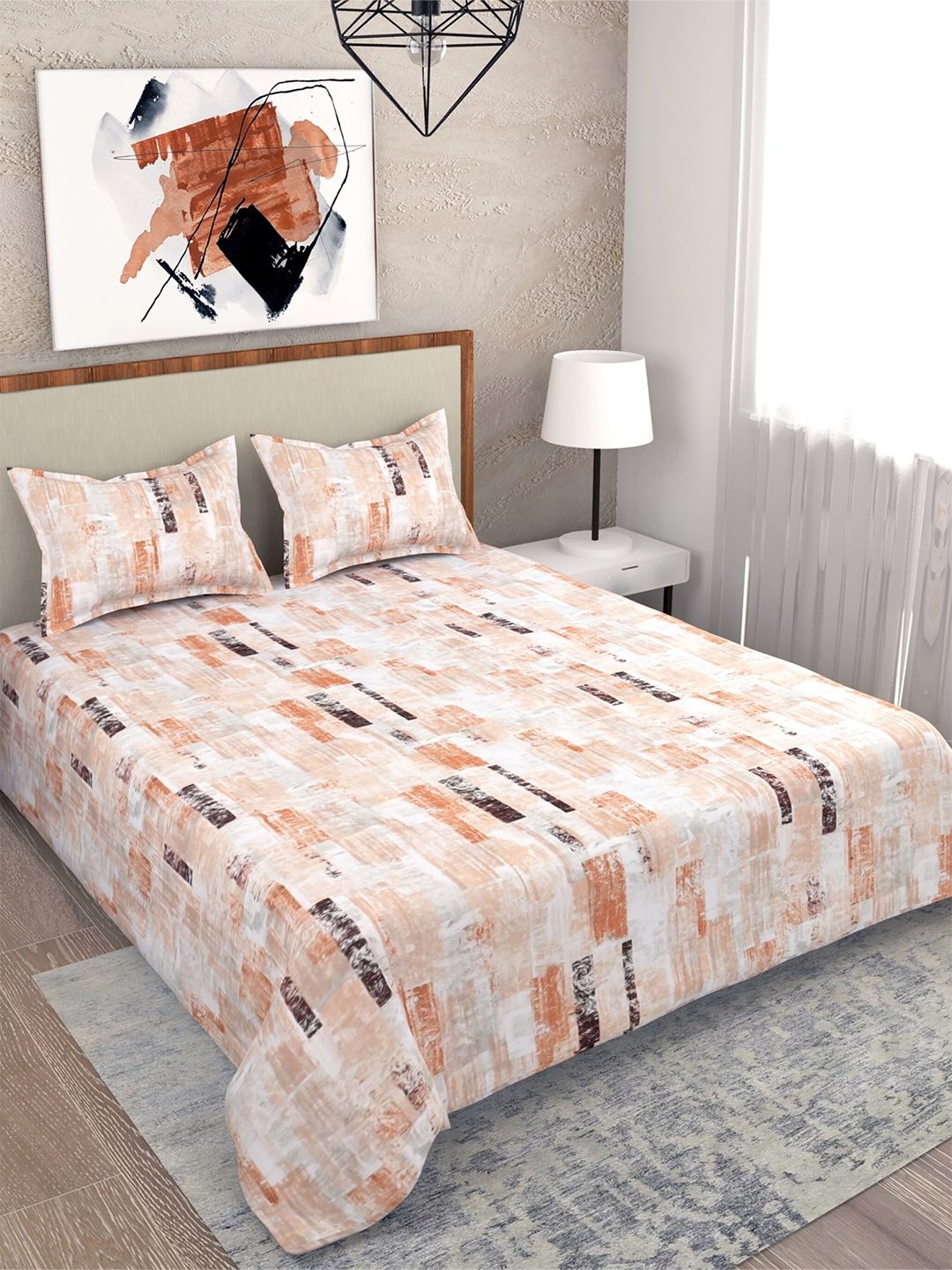 Salona Bichona Peach And White 180 TC Cotton Queen Bedsheet With 2 Pillow Covers Price in India