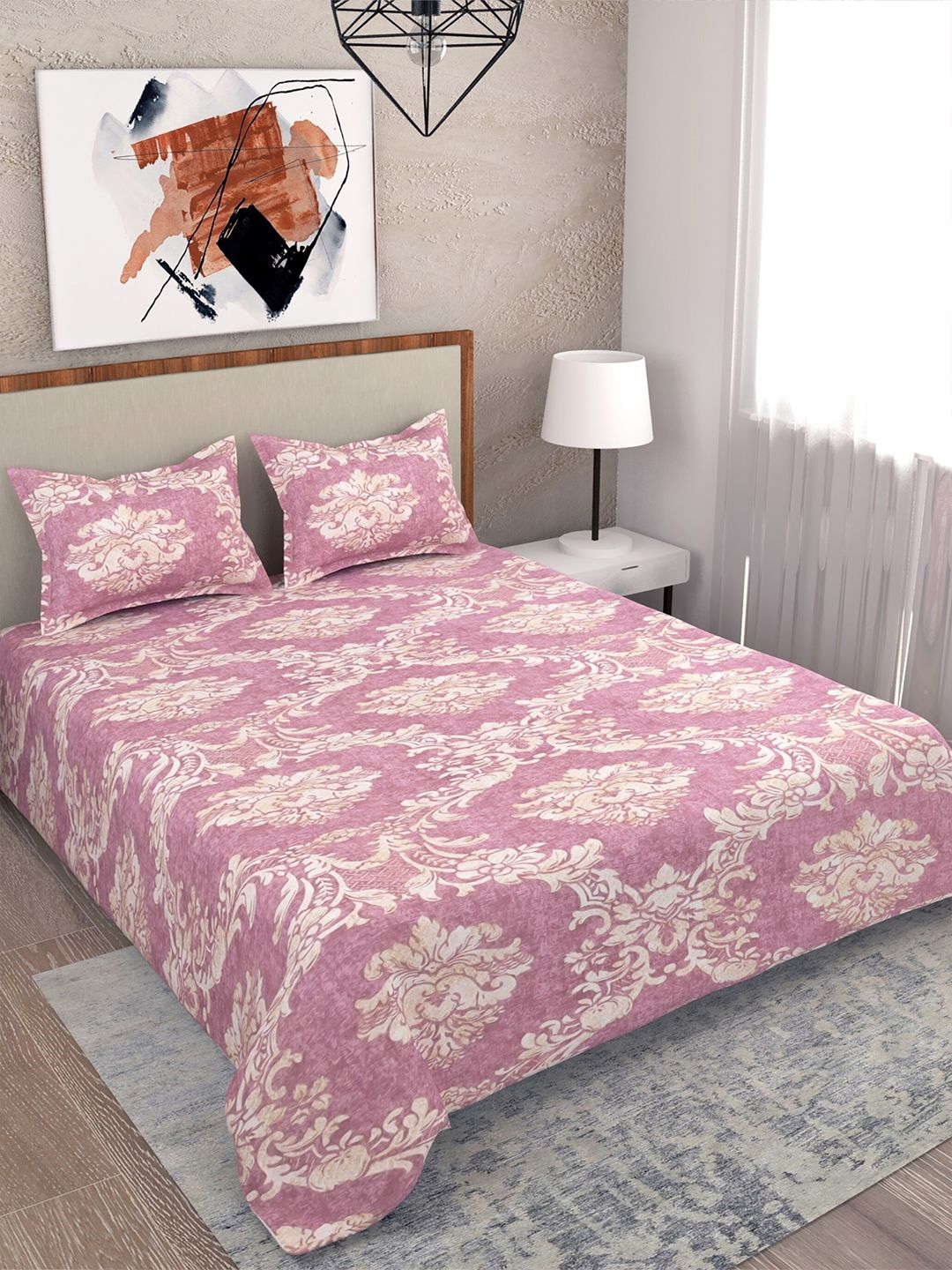 Salona Bichona Pink & Cream-Coloured Floral 180 TC King Bedsheet with 2 Pillow Covers Price in India