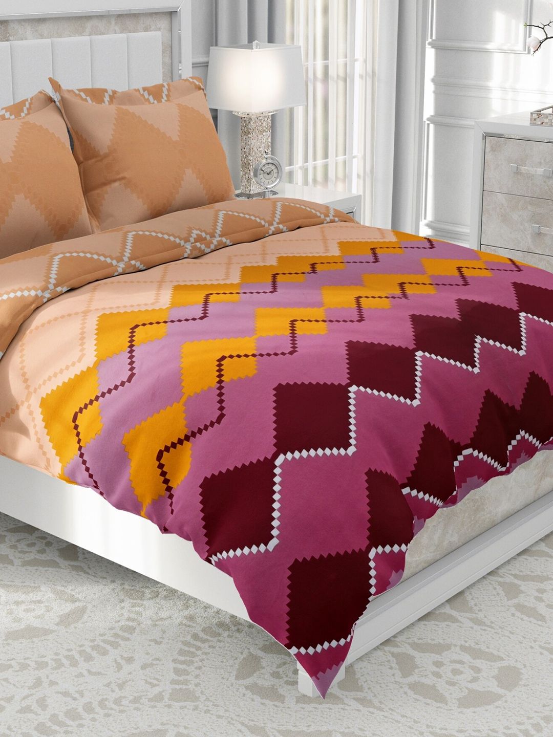 Salona Bichona Beige & Purple Geometric 120 TC King Bedsheet with 2 Pillow Covers Price in India