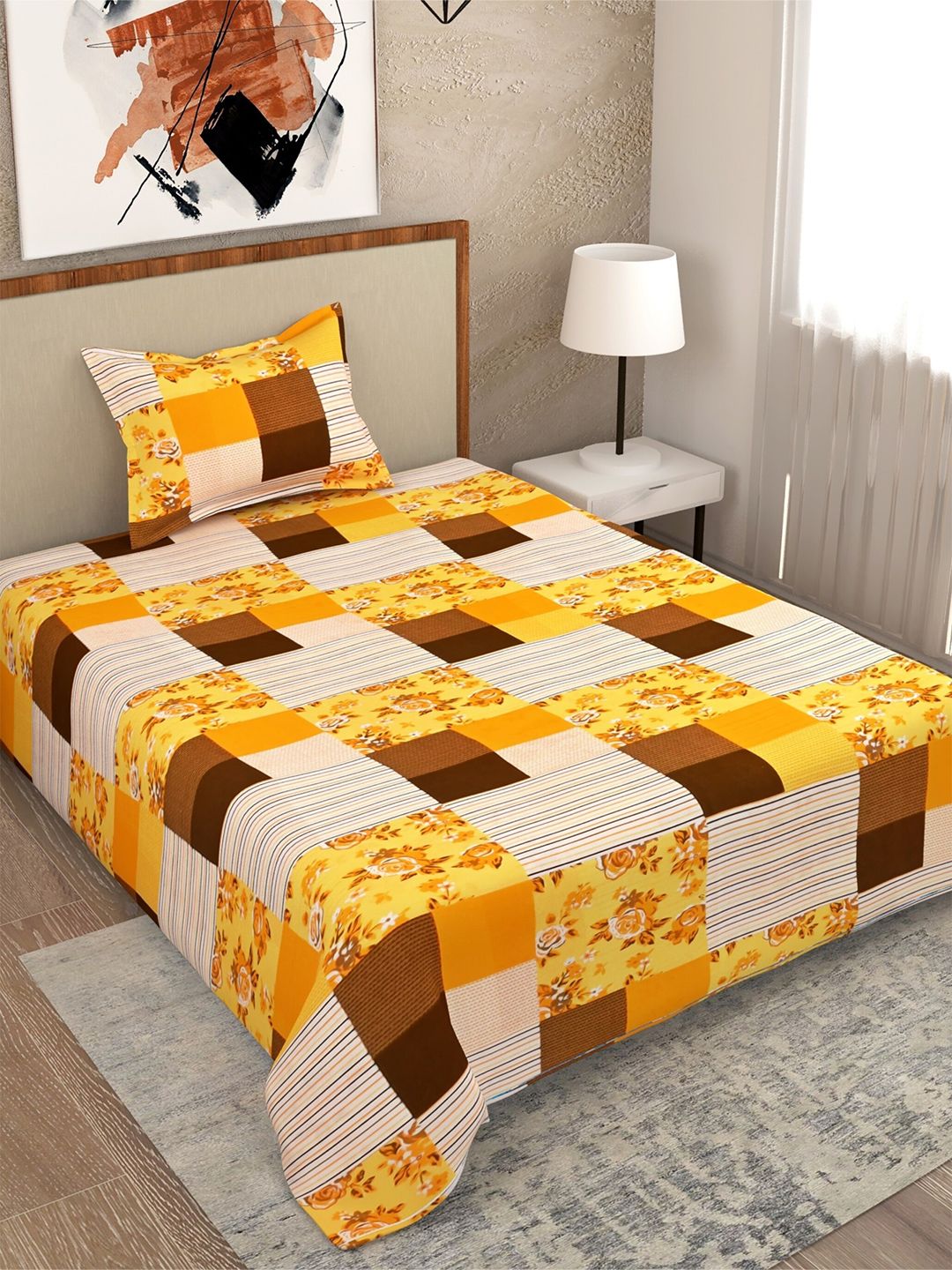 Salona Bichona Yellow & White Floral Printed 104 TC Single Bedsheet with 1 Pillow Cover Price in India