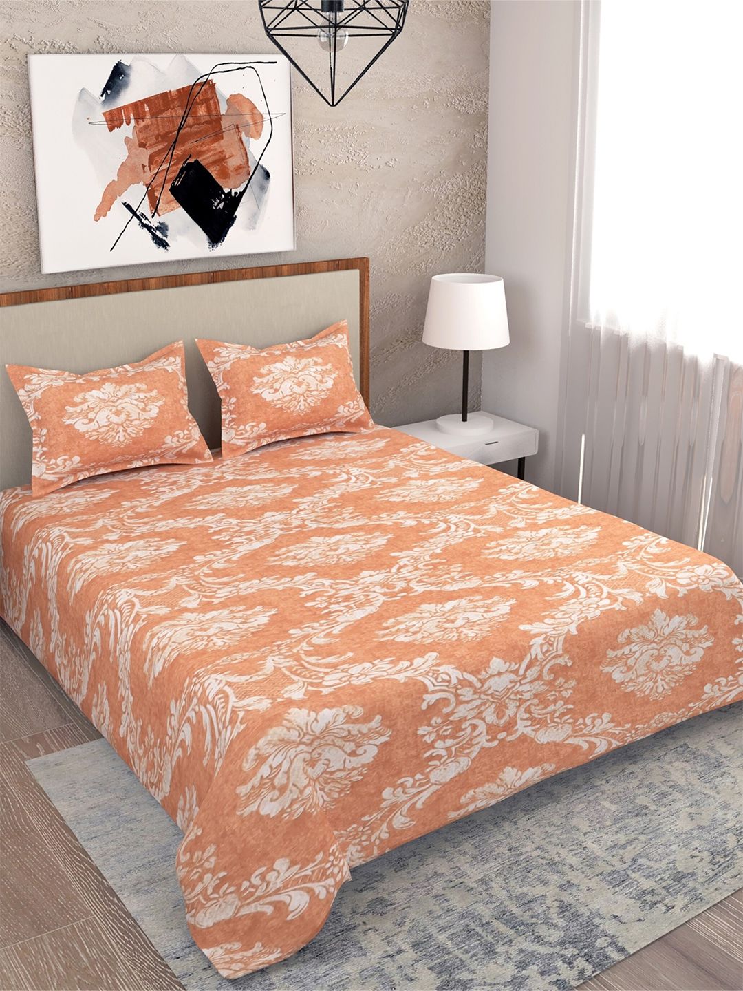 Salona Bichona Peach & White Floral Cotton 180 TC King Bedsheet with 2 Pillow Covers Price in India