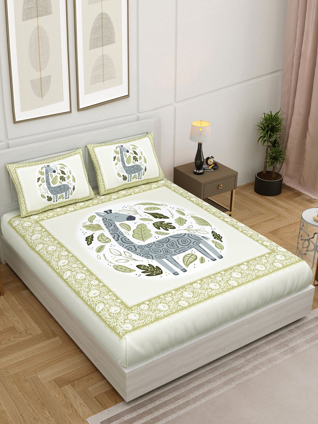 Salona Bichona Beige & Green Graphic 144 TC King Bedsheet with 2 Pillow Covers Price in India